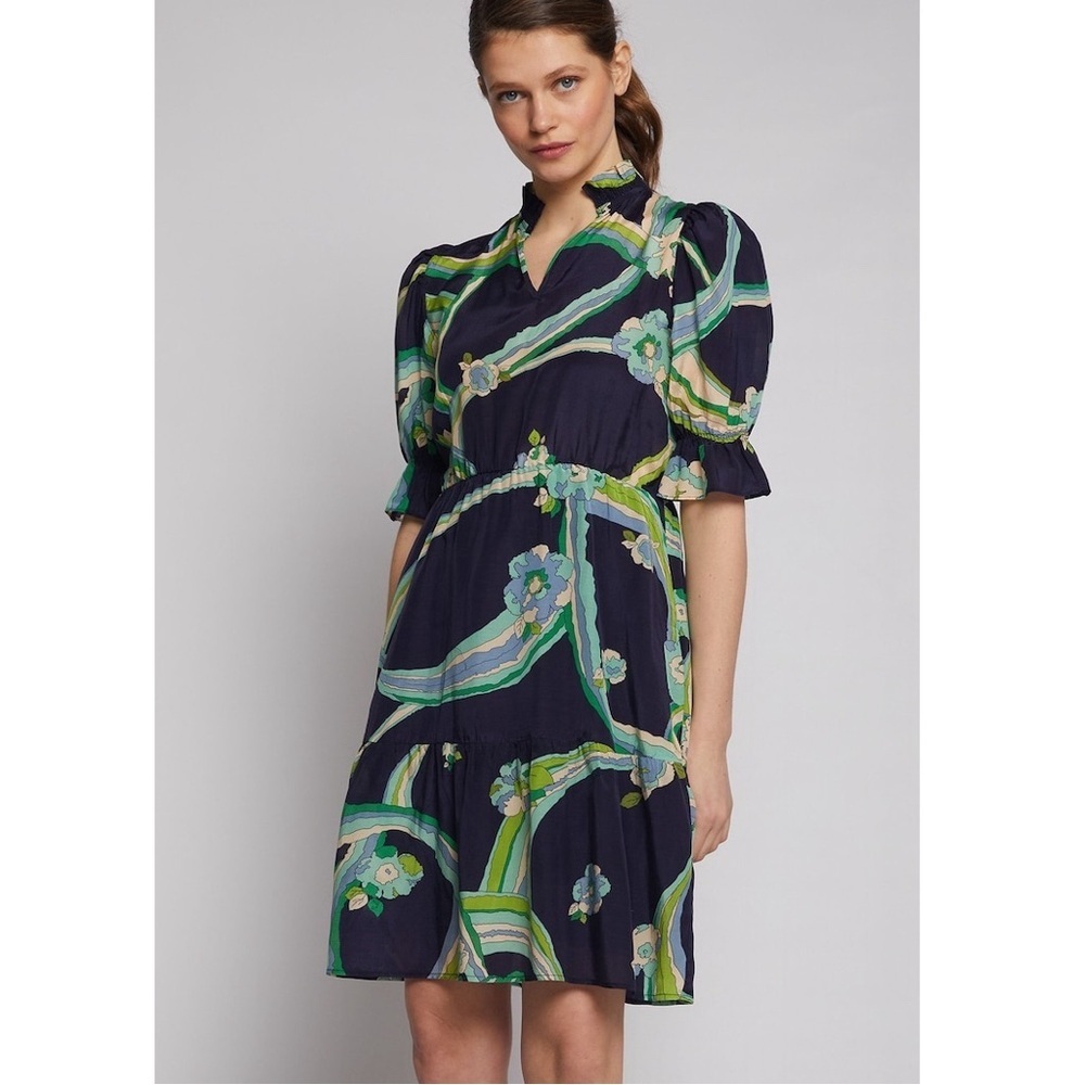 VILAGALLO 30145 NAVY BRISVANE PRINT VESTIDO CHERRYL DRESS Sz 8
